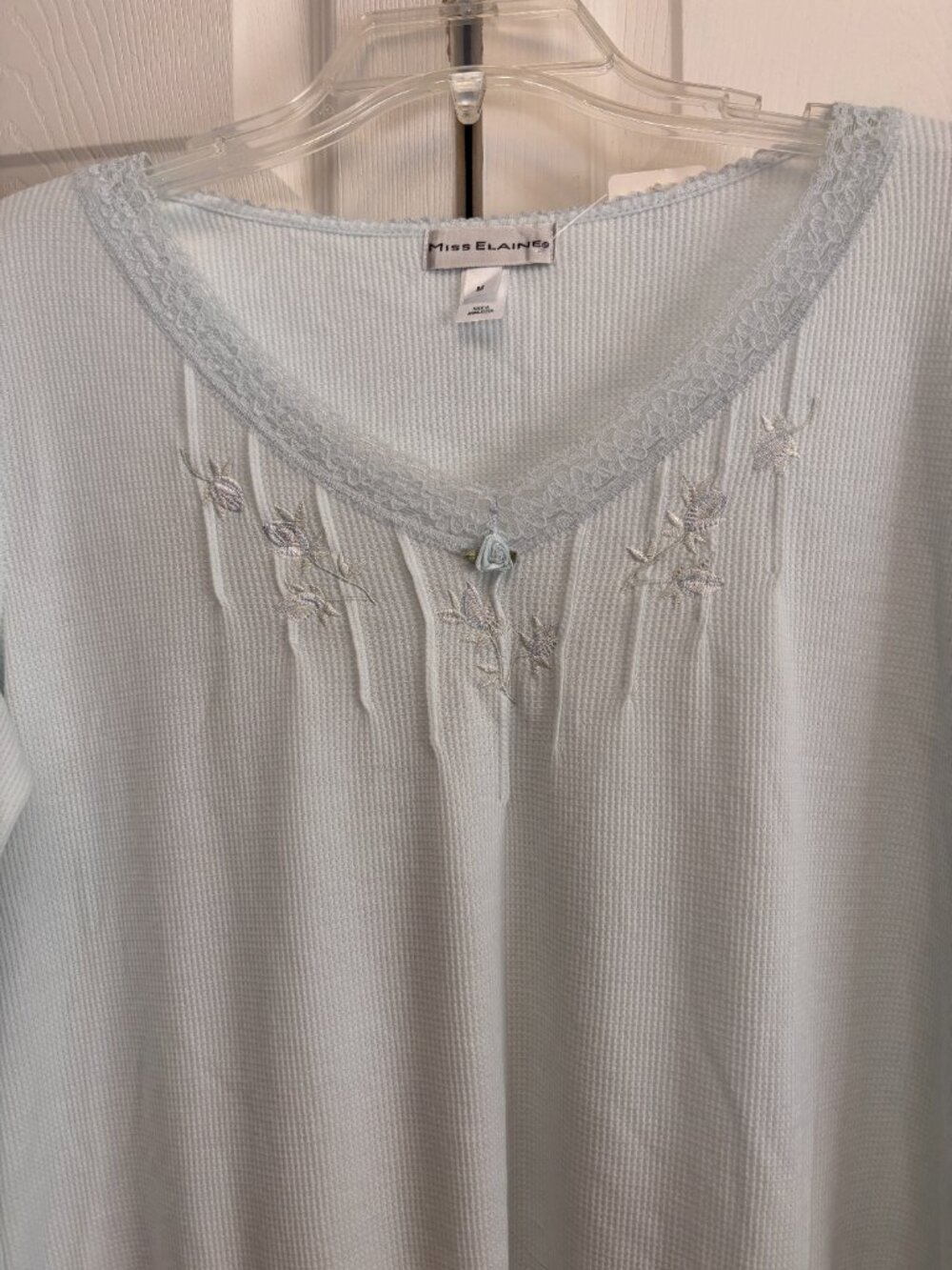Miss Elaine Light Blue Waffle Knit Nightgown Embroidered Floral Lace Trim Long S - Picture 2 of 3